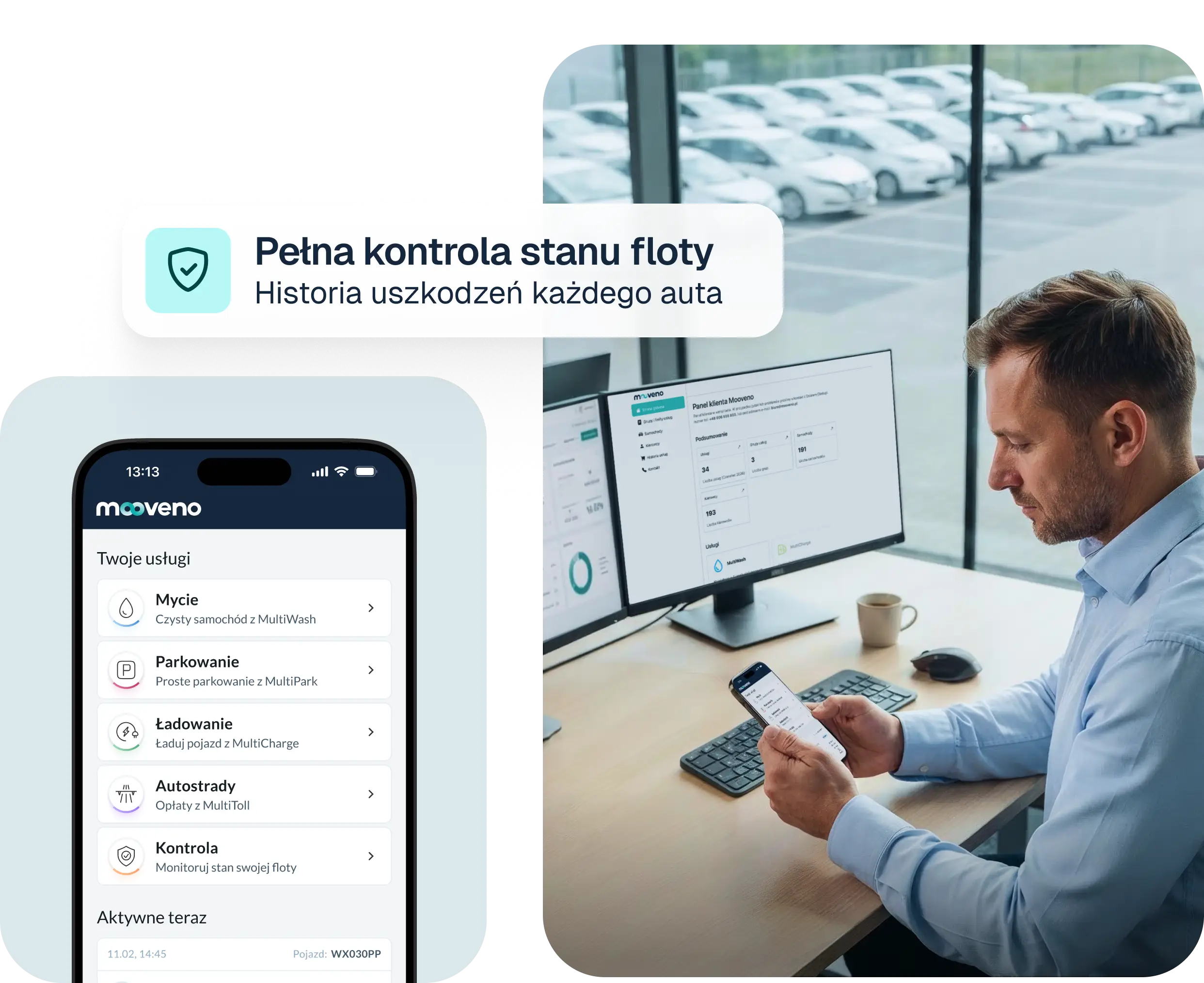 Makieta telefonu z panelem floty Mooveno, lista aut z kosztem per pojazd